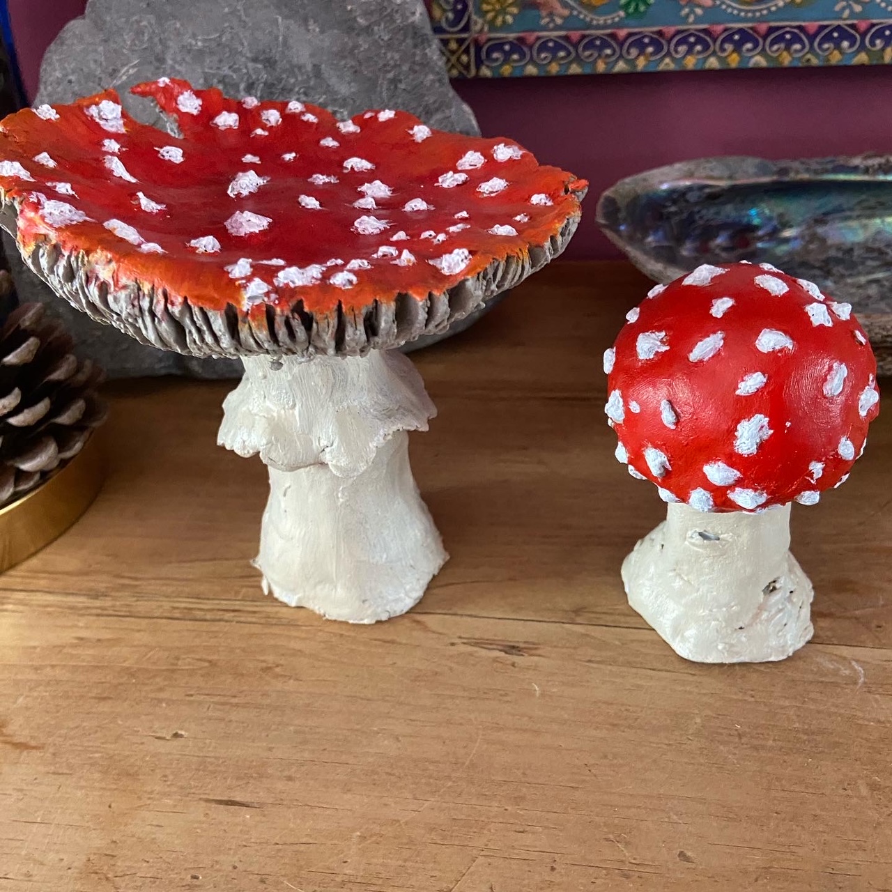 Image of two Clay, Painted Fly Agaric Mushrooms