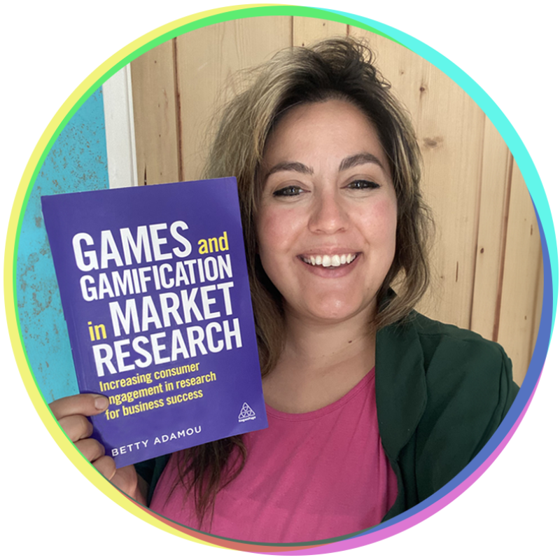 Betty Adamou with Games and Gamification in Market Research book with colour wheel copy